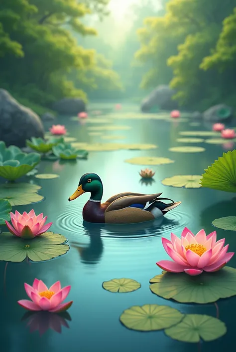 A duck swimming with lotuses flower surrounded 
28cm x 38cm picture 