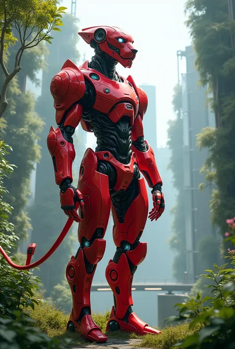 "Envision the Red Lion robot standing guard over a serene futuristic park in 2050. Its crimson armor is detailed with holographic displays and integrated sensors that glow softly against the backdrop of lush vertical gardens and translucent skyways. The sc...