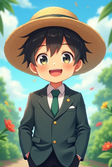 high resolution, boy, straw hat, formal wear, happy, anime