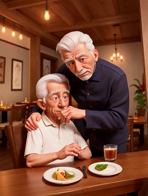 A son and his elderly father enter a cozy, upscale restaurant. The father looks frail, leaning slightly on the son for support.