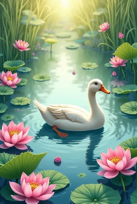 A duck swimming with lotuses flower surrounded. Drawing style