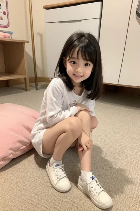 1st grade elementary school, 1 person,princess baby face, Pretty and cute,pretty,elementary school leg shoes, house ,bed, Full Shot. Turn around, kneel down, Prone and prone hip position,Full photo