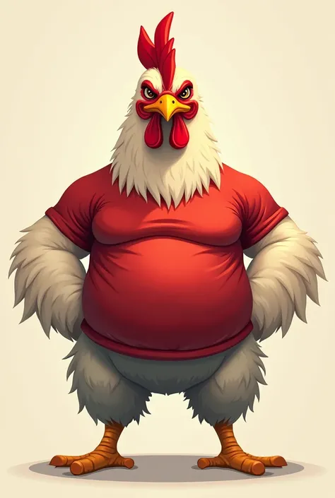 create the image of a strong chicken, wearing a red shirt 