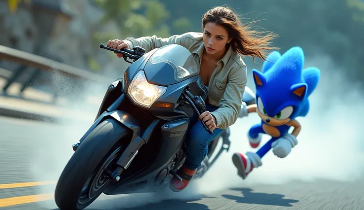 A girl riding a sports bike, with a blouse and jeans, and fair skin and running next to her Sonic