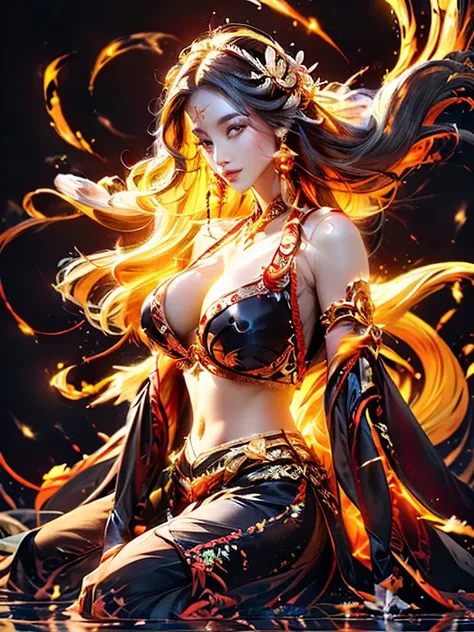 high quality,HD,16K,Sharp Line,1 Girl,fantasy, （Ice and Fire Goddess）,Pretty Face, Large Breasts, Beautiful legs,In the water,Focus Girl,detailed Pretty Face,Detailed clothes,beautiful eyes,Cool,Sexy,Dynamic Angle,穿着华服的神明Strike a pose拍照, Ancient mysterious...