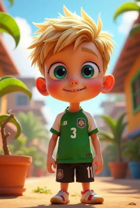 pixar-style character, young boy, adolescent ,short blonde hair , blue colored eyes, mole on the side of the mouth, with the Grêmio Football Club team shirt, black shorts