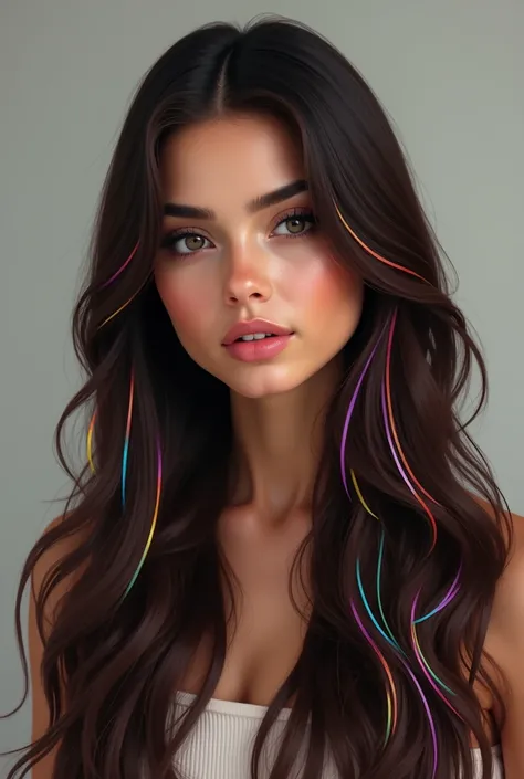 long dark brown straight hair, with highlights as if they were rainbow-colored highlights throughout the hair