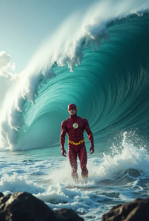 Flash wins 1,20 meters high and is swallowed by the tsunami and then stops the tsunami and calms the sea