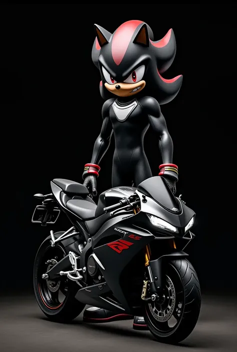 Shadow the hedgehog with a motorcycle helmet on a black background with a Suzuki gixxer sf brand motorcycle