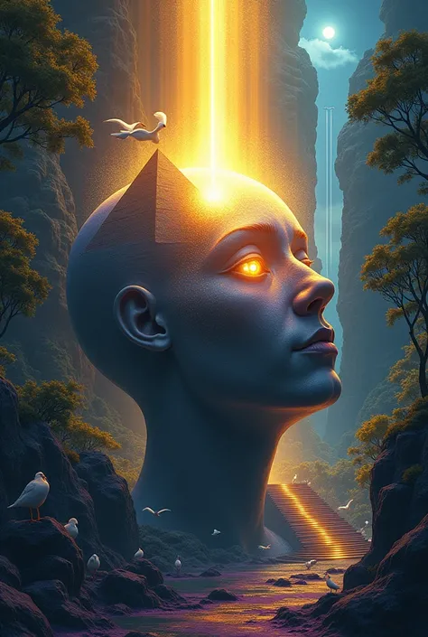 A human head with a bright light on its forehead, On the left side. On the right side and around there, a pyramid, Trees, white birds and a stairway to heaven. In the sky a radiant light descends to the ladder. And at the bottom of it all, bright and vibra...