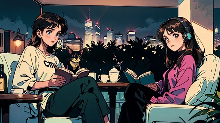 best quality, 8k, 1990s style,2010s hairstyles, 2 girl, black hair, long hair, light brown eyes, city pop, pants ,night view, wearing headphones,reading a book, whole body,  relax coffee,table,confection,Looking at me, Black cat
