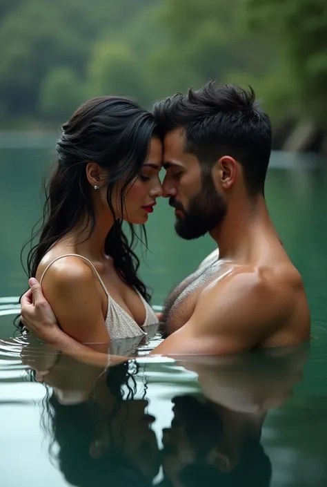 couple perfect sensual woman disheveled black hair thick silver red lips marked jaw perfect angelic face perfect sensual man short black viking hair marked jaw thick lips trimmed beard in a lake in the water completely naked , naked woman