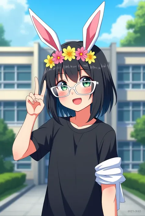 Anime boy, black hair, shoulder-length hair, smiling brightly, with white bunny ears, a white flower crown on his head, wearing white glasses, wearing a black high school uniform, with a cloth tied around one arm, holding up two fingers, standing in front ...