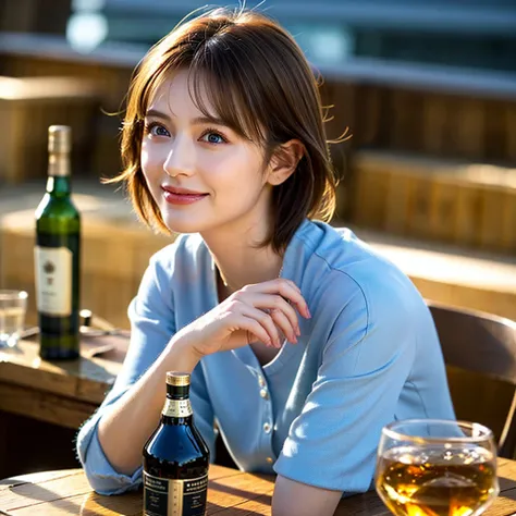 (Realistic, 超Realistic:1.4), 16k hdr, High resolution,Brown short hair,The best smile、Japanese actress,Super Beauty(Like the real thing),Short sleeve dress,Whiskey Bottle、The Macallan、Johnnie Walker、、Old Parr、whiskey、Suntory、Nikka、Slim couple、Model Couple、...