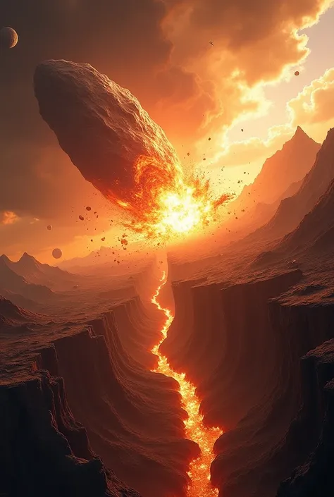 The moment of the asteroid impact, with a gigantic fireball exploding upon contact with the Earth. Surrounding mountains crumble, and the ground cracks open, radiating waves of destruction.