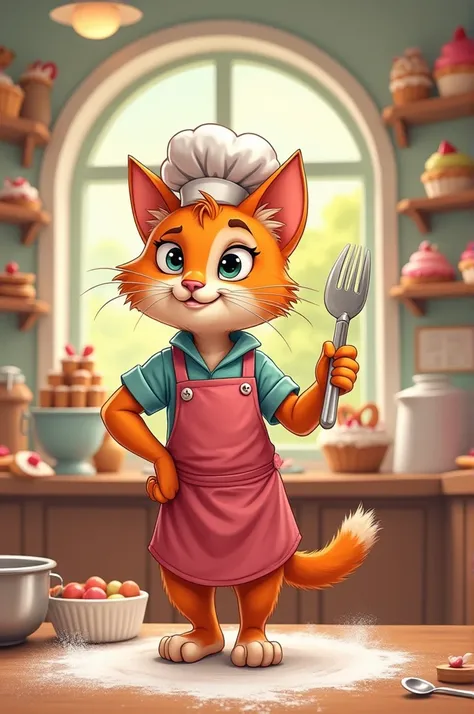 Create a 2-minute video of an entrepreneurial cat in the baking industry,make it into a cartoon character cat 