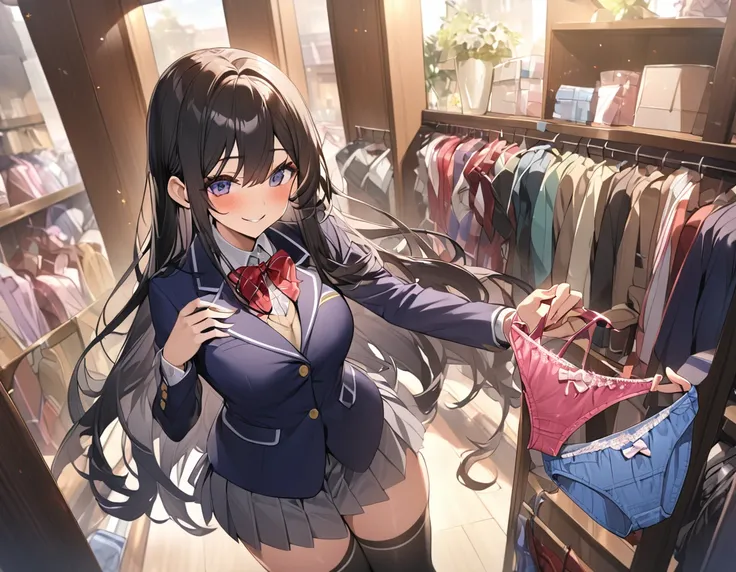 One Woman、beautiful girl、Lingerie Shop、Holding panties、Spread your panties、high school girl、School、Make your eyes sparkle、smile、smile、Blazer uniform、Pleated skirt、Black knee-high socks、Long Hair、Highest quality、Ultra HD、Black Hair、There are many female cus...