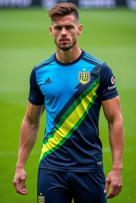 Dark blue and white striped football shirt with sky blue, green and yellow details 