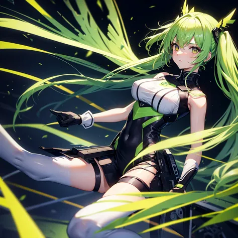 傑pastel green long twin tails, yellow eyes, long bangs, making anime，highest quality, highly detailed face，straight hair, {{{lar...