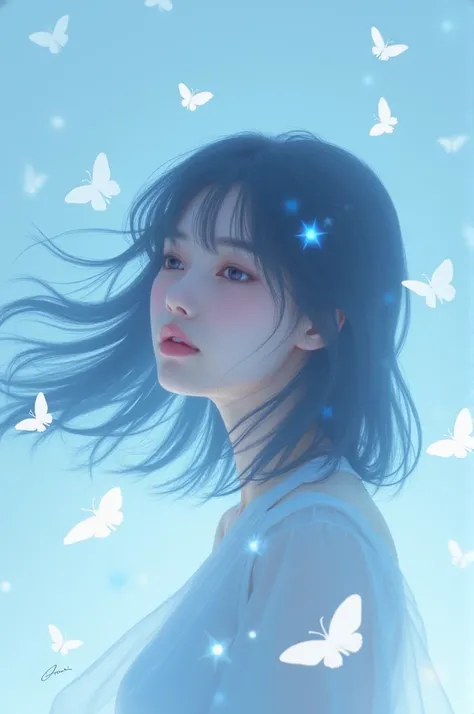 Cover of a kpop music album. The album is called "daydreams" and has songs in the style of wildest dreams, enchanted da taylor e dandelions da ruth b. I want it to be blue, and delicate, containing simple butterflies. The source of the name "daydreams" You...