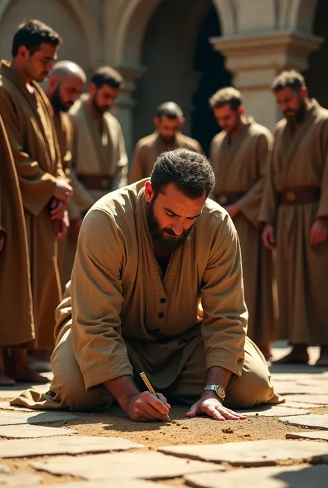 An ultra-detailed and hyper-realistic 8K fine art photography. A bearded man kneels in a solemn courtyard, writing in the sand with a thoughtful expression. He is surrounded by men in traditional robes, watching him intently. The lighting is soft and drama...