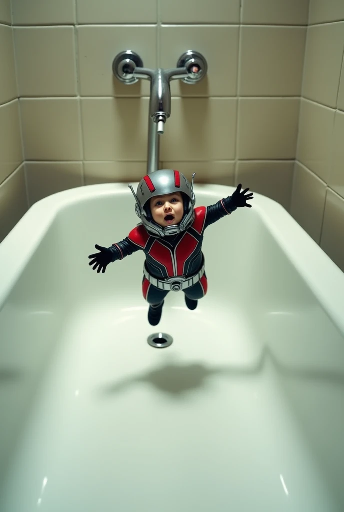 Ant-Man falls into a bathtub without water