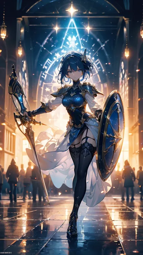 ((masterpiece, best quality)), Epic battlefield atmosphere，Beautiful paladin girl，whole body，Perfect body proportions，luxurious，navy，Fantasy style，Holding a shield，Natural light, Lace，Fishnet stockings，Starry Sky，Starlight decoration