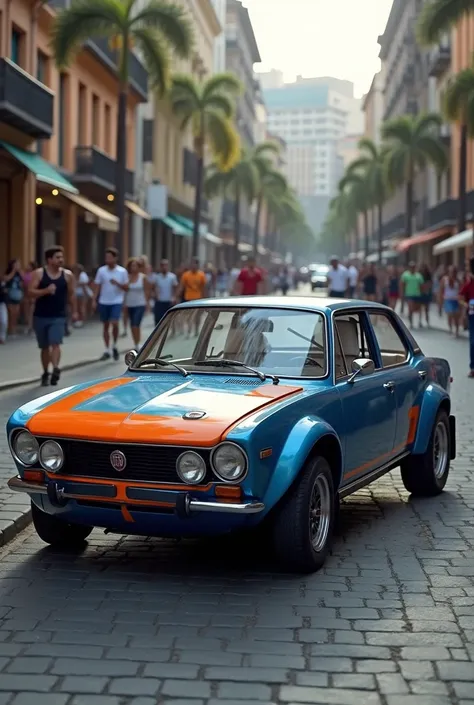 Car brand Fiat 147, Brazilian square year 79, racing style paint dark blue metallic dark orange metallic, white upholstery, thin stripes in the center and stripes on the sides. 