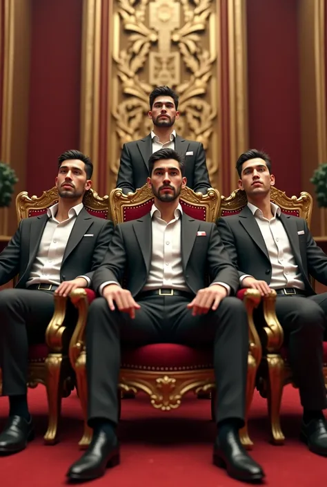 5 young men no beard who look like rich people, sitting on a throne