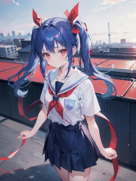 (1 girl, red eyes, ribbon, blue hair, pigtails, wearing school uniform, cute face, blue collar band, upset expression, super dark blue skirt, standing, school rooftop background, school rooftop setting, 8k, masterpiece, high-resolution.)