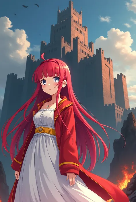 Anime girl, red long hair, The bangs are straight and flat, grey eyes, white dresses yellow accessories with dresses, red jacket, and cute pose, It stands near the terrible castle of dragons, and there it burns