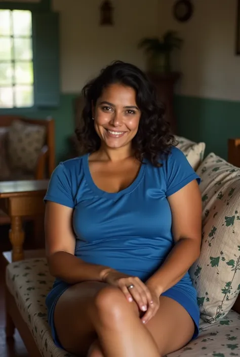 Kerala female is young curvy aged 28. wearing  blue  jersey and shorts in sofa of kerala home.realistic photo.