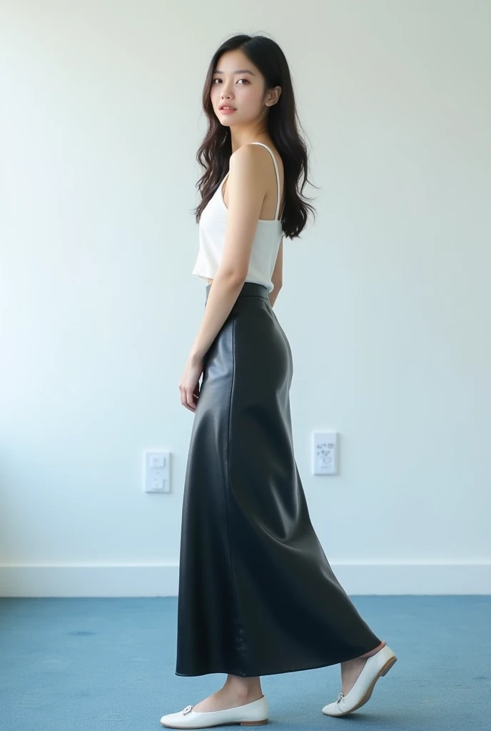 A beautiful lady, asian, Japanese,
Long hair, 
Medium height,
Turning a round in front of white wall in an office with light blue carpet, 
Wearing a white camisole,
Wearing a shiny black leather big a-line full circle long skirt knee length, 
a little bit ...