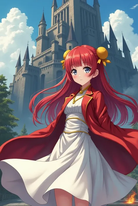 Anime girl, red long hair, The bangs are straight and flat, grey eyes, white dresses yellow accessories with dresses, red jacket, and cute pose, It stands near the terrible castle of dragons, and there it burns