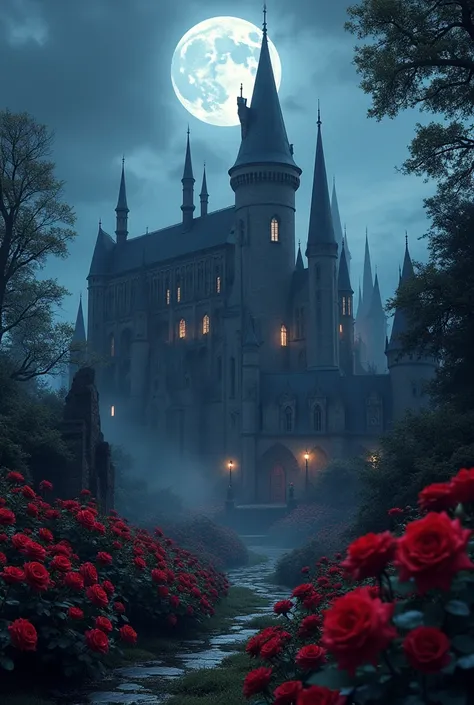 A huge castle with Gothic architecture and small Gothic chapels next to the Castle, with a garden full of red roses, the night 