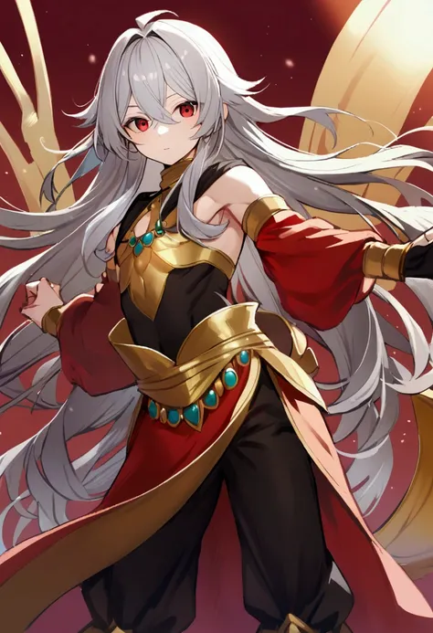 1boy, long hair, silver hair, red eyes, male genie clothes