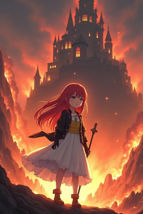 Anime girl, red long hair, The bangs are straight and flat, grey eyes, white dresses yellow accessories with dresses, black jacket, and cute pose, It stands near the terrible castle of dragons, and there it burns, Stands holding a staff in his hand