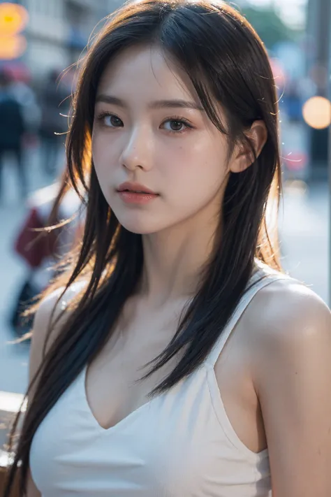 (masterpiece, best quality:1.2, 8k RAW photo, natural soft lighting, photorealistic, high detailed photo, realistic skin texture), (1girl, solo), close up shot, bokeh, crowded street