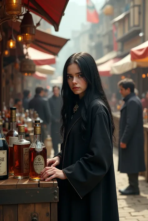  The girl must be young and sell alcohol like in the market. There will be customers nearby. A girl with black hair. The girl must look like Severus Snape