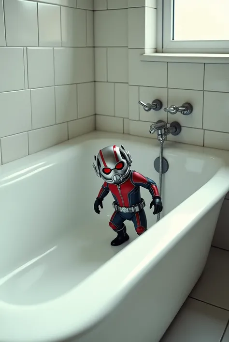 Ant-Man falls into a bathtub without water and walks around without knowing what to do and they turn on the shower