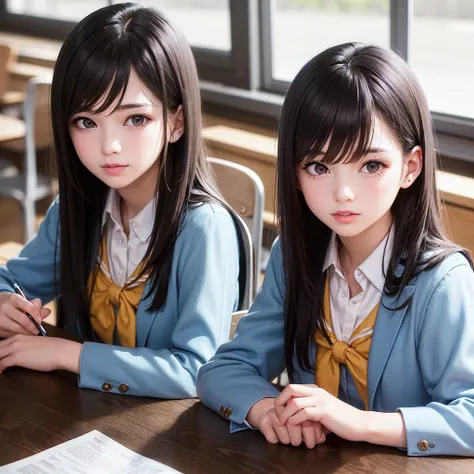 a high school girl in the classroom after school, beautiful detailed eyes, beautiful detailed lips, extremely detailed eyes and face, long eyelashes, cute school uniform, sitting at desk, studying, daylight through window, warm lighting, detailed backgroun...