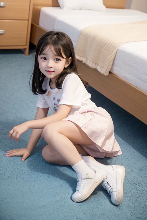 1st grade elementary school, 1 person,princess baby face, Pretty and cute,pretty,elementary school leg shoes, house ,bed, Full Shot. Turn around, kneel down, Prone and prone hip position,Full photo