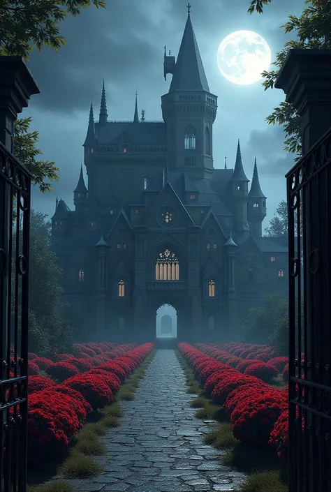 A huge mansion castle with Gothic architecture and with small Gothic chapels next to the Castle, with a garden full of red roses, the night, with gothic gates