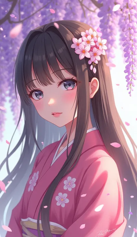 woman。solo。Hair color: Brown。long。Kimono pink。Background wisteria flower。anime。cute。Eye color gray。High resolution, Bangs。Cherry blossom hair accessory。Kamado Nezuko&#39;s Atmosphere。cherry blossom petal hair ornament。