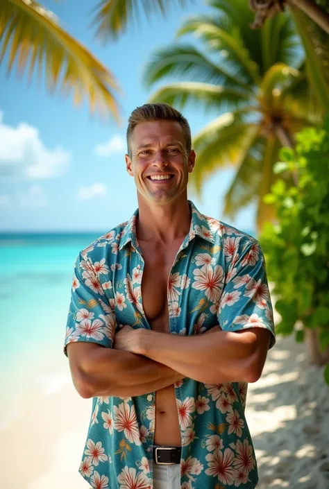 a man with short hair, CRU, ultra HD, 8k, looking at the camera, em um iate no mar, vacation photo, Paradise Island, colorful hawaiian button down shirt, candid, amator, natural lighting, perfect day, [smiling] well-endowed