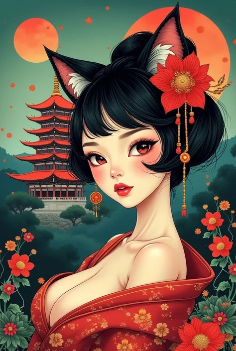 illustrated by Guo Chao style, poster design, in the style of psychedelic color schemes, hyper-detailed illustrations, 16k, a painting of a pagoda in the evening, in the style of graphic design-inspired illustrations, circular shapes detailed botanical ill...