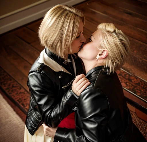 Lesbian mating, kiss on lips passionate image, high angle, black leather jacket above the waist, pleated leather skirt, dark and exotic, holds her and is about to kiss her, waiting, but nervous ((blonde)) In short, younger and older, Beautiful, brunette 50...