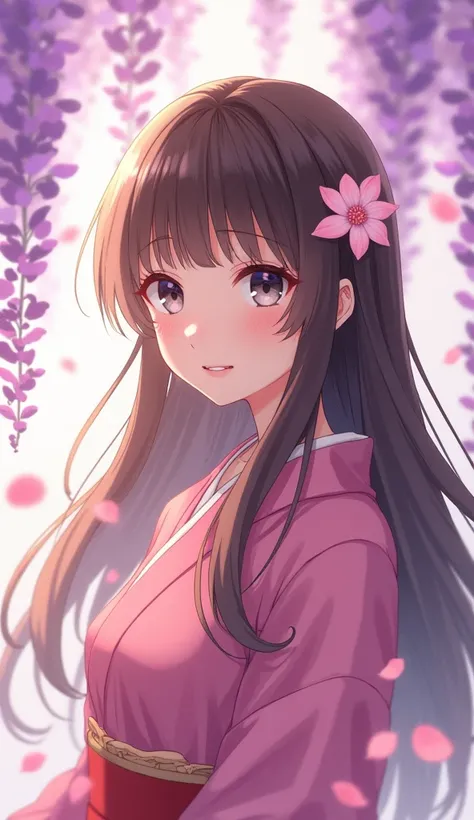 woman。solo。Hair color: Brown。long。Kimono pink。Background wisteria flower。anime。cute。Eye color gray。High resolution, Bangs。Cherry blossom hair accessory。Kamado Nezuko&#39;s Atmosphere。cherry blossom petal hair ornament。