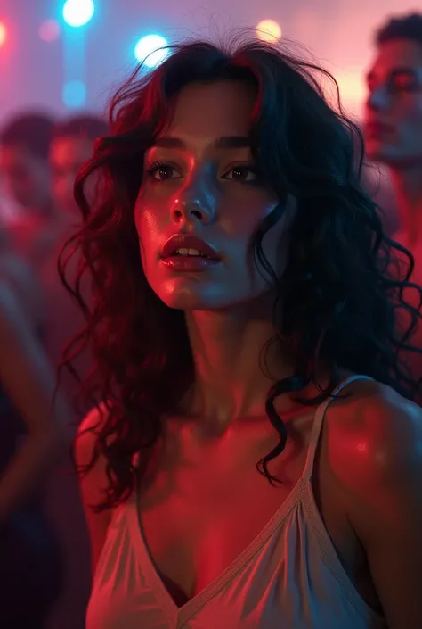 Woman with curly brunette hair and a dizzy face with her skin showing, almost fainted at a party with lights and people behind her 