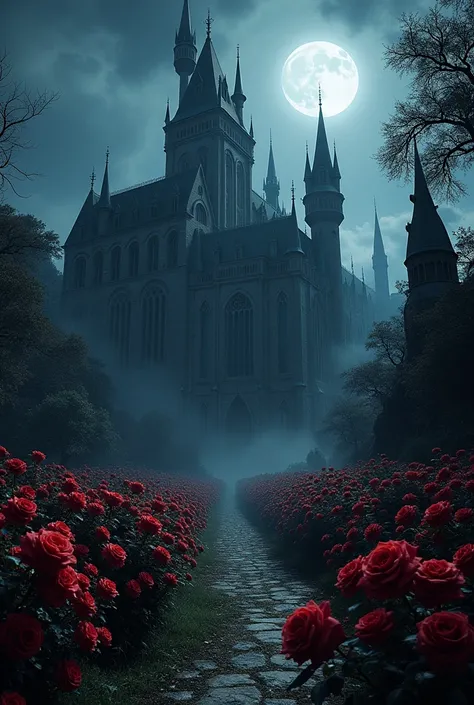 A huge mansion castle with Gothic architecture and with small Gothic chapels next to the Castle, with a garden full of red roses, the night, with gothic gates, seen from above